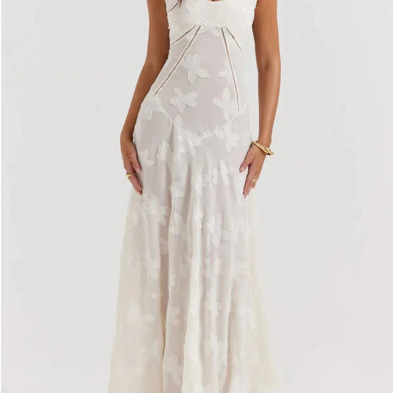 Vintage Cream Floral Lace Back Maxi Dress