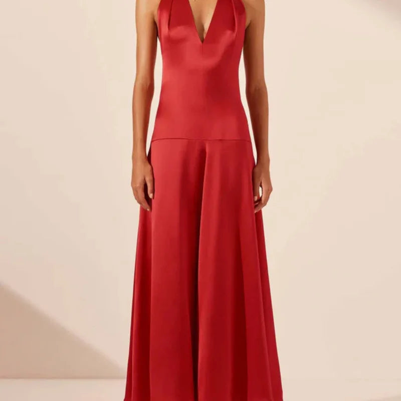 Elegant Deep V Neck Halter Maxi Dress