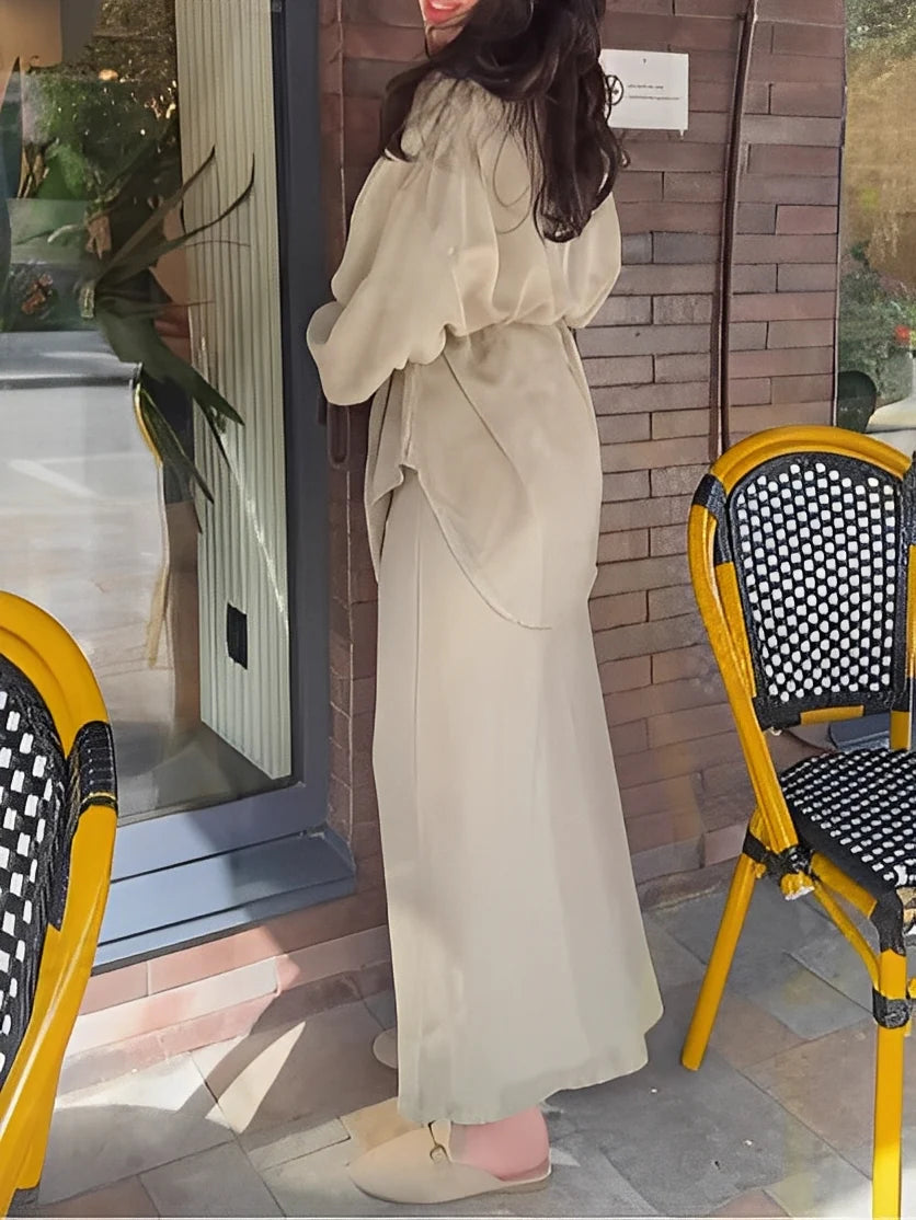 Long-sleeved Tie-Drawstring Shirt and Skirt Set