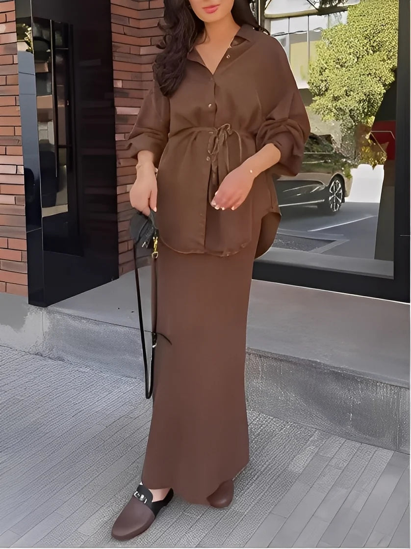 Long-sleeved Tie-Drawstring Shirt and Skirt Set